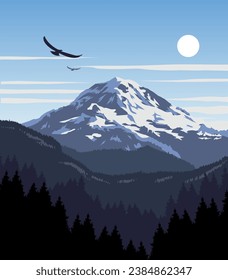 Vector art of Mount Rainier National Park with an iconic view of its  active volcanic mountains. An illustration of for art prints, badges or designs.