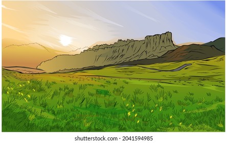 Vector Art of Mountain Landscape with Green Grass Suitable for Nature or Dairy Product Label