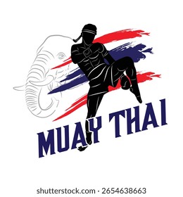 Vector art of a Muay Thai fighter in action with Thai flag colors and an elephant sketch in the background.