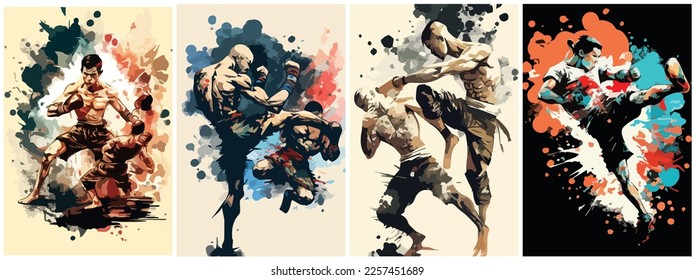 Vector Art of muay thai japanese painting . Template of Illustration Graphic Modern Pop Art Poster and Cover of Sticker and Collage Cartoon Watermark Abstract Vector