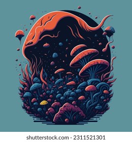 Vector art of mushroom plants on an alien planet