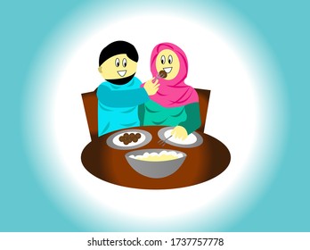 Vector Art of Muslim couple having meal together with love to each other, editable eps available	