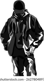 vector art of a mysterious man in black and gray walking