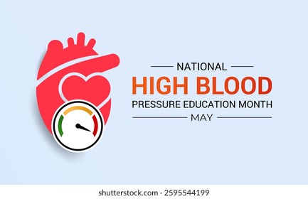 Vector art for National High Blood Pressure Education Month, promoting heart health and awareness. Hypertension is a medical condition characterized by elevated blood pressure levels. Banner poster.