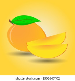 Vector art of natural mango fruit with leaf and sliced mango fruit with orange gradient background