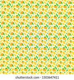 Vector art of natural mango fruit, sliced mango fruit and leaves pattern with yellow gradient background