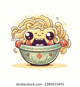 arte vectorial del fideo en un bol con huevo. caricatura de un lindo chibi. ilustración de dibujos animados