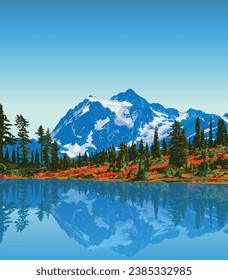 Vector art of North Cascades National Park with an iconic view of its vast wilderness of conifer-clad mountains, glaciers and lakes. An illustration of for art prints, badges or designs.