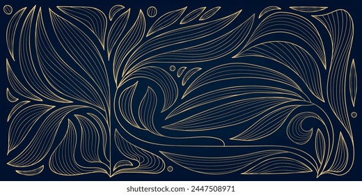 Vector art nouevau, artdeco fancy background, leaves floral ornament, gold on black vintage pattern. Flower drawing, luxury victoran drawing