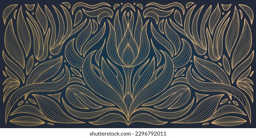 Vector art nouveau, art deco wavy flower pattern, ornament. Retro vintage floral motif, line golden luxury. Design for interior design, textile, texture, poster, package, wrappers, gifts