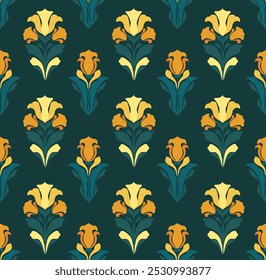 Vetor art nouveau ditsy padrão com íris e freesias em fundo verde. Textura com silhuetas de flores amarelas floridas. Design de superfície floral para papéis de parede, tecidos e papel de embrulho