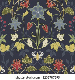 Vector art nouveau pattern. Art Nouveau. aquilegia flowers, leaves and berries. dark background