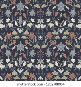 Vector Art Nouveau Pattern. Art Nouveau. Aquilegia Flowers, Leaves And Berries. Dark Background