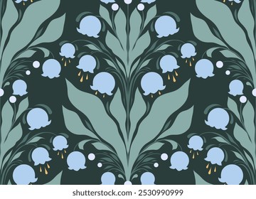 Vector Art Nouveau pattern with lilies of the valley. Texture with blue floral symmetrical arrangement on a dark green background. Surface design with spring flowers for wallpaper and fabric