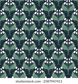 Vektor Jugendstil Muster mit Lilien des Tals. Textur mit weißer floraler symmetrischer Anordnung auf dunkelgrünem Hintergrund. Oberflächendesign mit Frühlingsblumen für Tapete und Stoff.