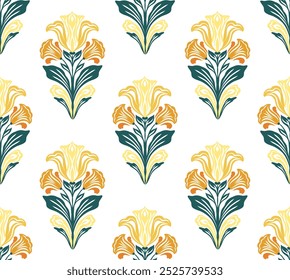 Padrão de arte nouveau vetorial com íris de traceria e freesias. Textura com flores amarelas ornamentadas florescendo no fundo branco. Design de superfície floral para tecidos e papel de embrulho