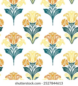 Vector art nouveau pattern with tracery yellow flowers in row. Texture with ornate blooming irises and freesias on white background. Floral surface design for fabrics and wrapping paper