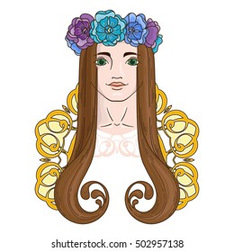 Vector art in Art Nouveau style with beauty girl in wreath.