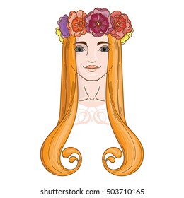 Vector art in Art Nouveau style with beauty girl in wreath.