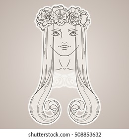 Vector art in Art Nouveau style with beauty girl in wreath. Coloring page.