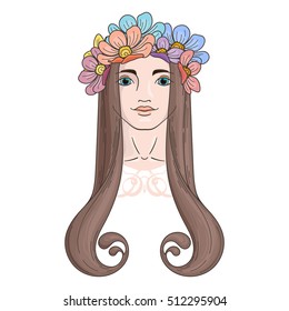 Vector art in Art Nouveau style with beauty girl in wreath.