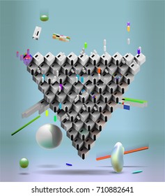 Vector. Art object. The objects were suspended in the air. Art poster. Triangular composition.