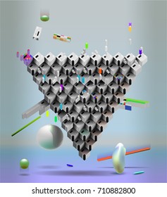 Vector. Art object. The objects were suspended in the air. Art poster. Triangular composition.