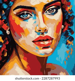 vector art oil portrait painting in multicolored tones style. Abstract picture of a beautiful girl. Conceptual closeup of an oil painting and palette knife on canvas. digital street art vibes.