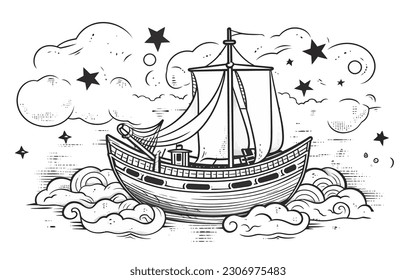 Vector Art, Old Ship Doodle Illustration, detailed lineart