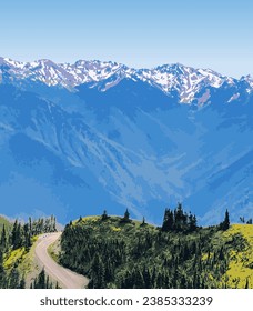 Vector art of Olympic National Park with an iconic view of its vast vast wilderness and Olympic Mountains. An illustration of for art prints, badges or designs.