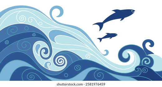 Vector art on marine theme, sea waves and fish, stylized seascape, flat cartoon