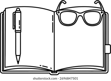Arte vetorial de bloco de anotações aberto com caneta e óculos