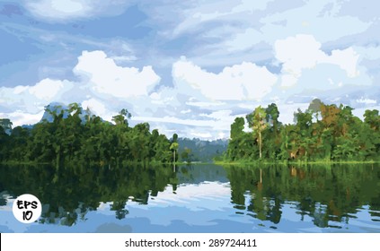 Vector art painting style,Sky,Mountains and river.