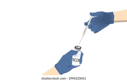 Vector art with a pair of hands handling a vaccine vial and a syringe over a white background with copy space ready, immunization concept