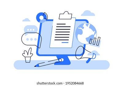 Vector art of paper fastened to computer monitor on table. Screen and different icons on white background. Online text blog of business and marketing concept. Contemporary technology of communication