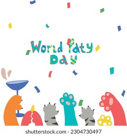 vector art party day poster. bright cat paws at the party. confetti, glasses, party, good mood. congratulations text on white background