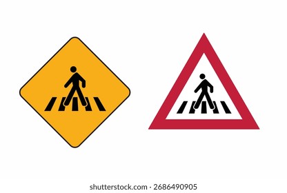 Vector art of pedestrian crossing warning signs a yellow diamond and a red triangle show a person walking across a zebra crossing, indicating a crosswalk ahead