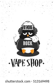 Vector art penguin making vape cloud with e-cigarette.Placard design for vapor shop. Vector Illustration.