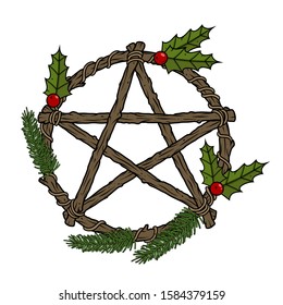 Vector art of pentagram wreath with red berries and fir branches for witch design and decor, print, poster, cover, packing, fabric, apparel, brand. Occult illustration for web page, postcard, article.