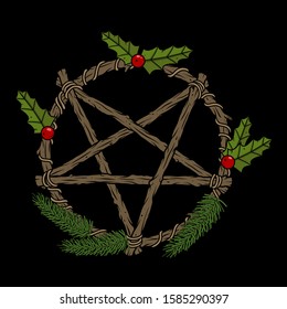 Vector art of pentagram wreath with red berries and fir branches for witch design and decor, print, poster, cover, packing, fabric, apparel, brand. Occult illustration for web page, postcard, article.