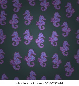 Vector art. Perfect for surface textures, wallpapers, web page backgrounds, textile. Seahorse on blue, pink and purple background. Seamless pattern. Scribble, sketch, doodle. Tigertail Seahorse cutout