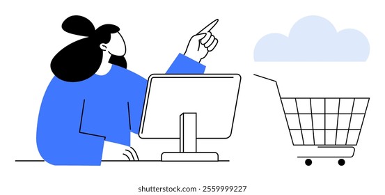 Vector art of a person at a computer pointing towards a shopping cart with a cloud. Ideal for online shopping, e-commerce platforms, digital marketing, tech services, customer engagement
