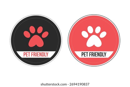 Vector art of petfriendly icons a pair of round signs featuring paw prints in red and black, ideal for hotels, restaurants, and public spaces