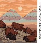 Vector art of Petrified Forest National Park with an iconic view of its rocky cliffs, backcountry hikes, and the newly-opened Red Basin. An illustration of for art prints, badges or designs.