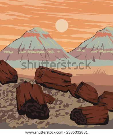 Vector art of Petrified Forest National Park with an iconic view of its rocky cliffs, backcountry hikes, and the newly-opened Red Basin. An illustration of for art prints, badges or designs.