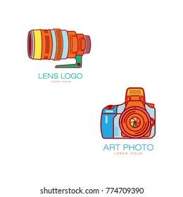Vector art photo camera, lens colored icon pictogram set. Flat cartoon isolated illustration on a white background. Logo brand concept for photo studio design