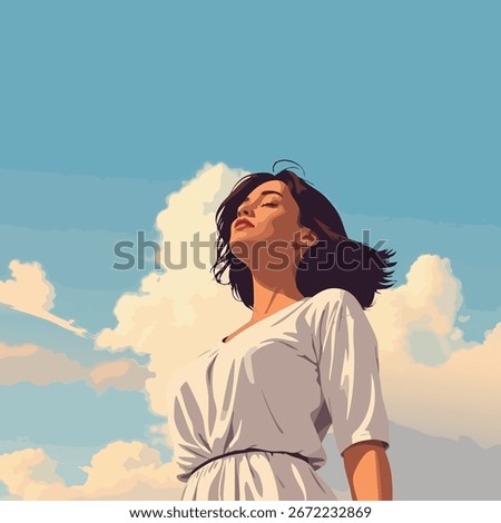 A vector art piece captures a woman's quiet strength. She stands tall with eyes closed against an uncluttered sky with a few clouds, symbolizing focus and determination.