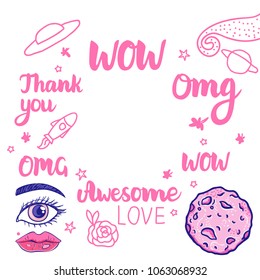 Vector art Pink frame from the lettering: Wow, Omg, Awesome, thank you. Isolated on white background.