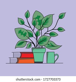 arte vectorial de una planta con una taza y algunos libros de estilo mínimo