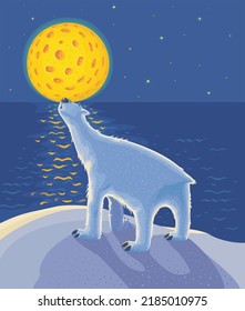 Vector art with polar bear character at night on winter background